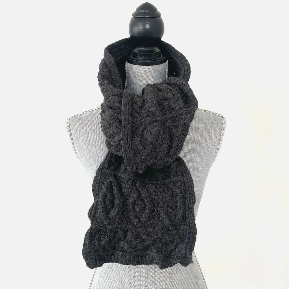Aran Crafts Charcoal Merino Wool Knit Scarf Made In Ireland Fisherman Cable Knit